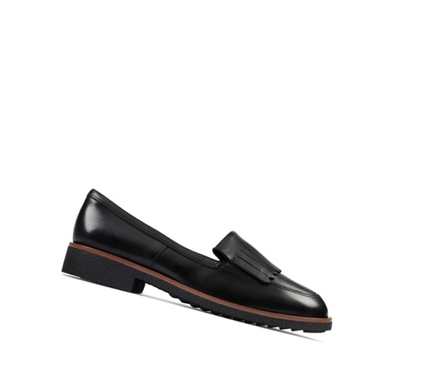 Clarks Griffin Kilt Leder Slip On Schuhe Damen Schwarz | KMQT49052
