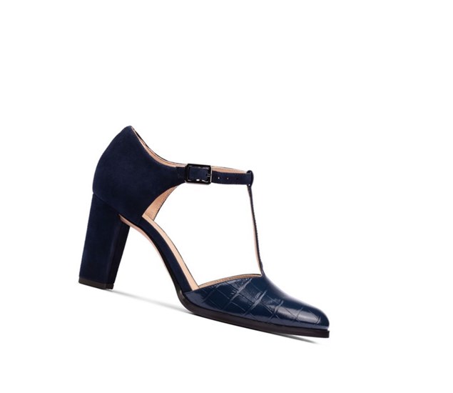 Clarks Kaylin 85 T Bar Croc Leder Lederschuhe Damen Navy | DESF49217