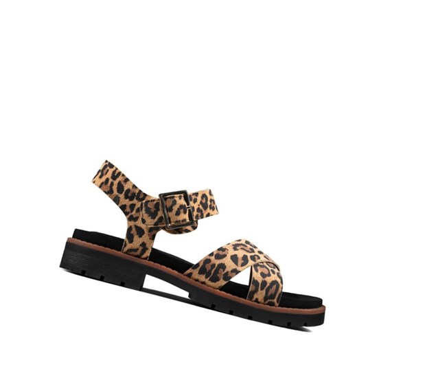 Clarks Orinoco Riemen Print Leder Flache Sandalen Damen Leopard | IWEL05149