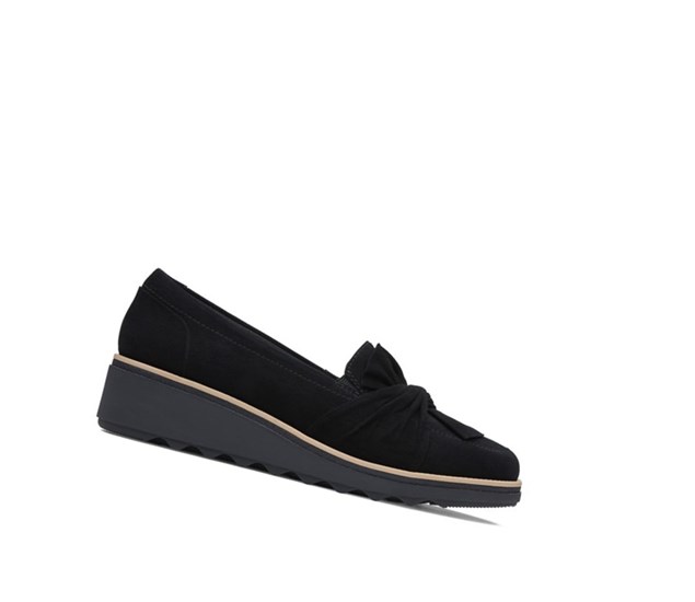 Clarks Sharon Dasher Wildleder Weite Fit Slip On Schuhe Damen Schwarz | AOJZ80439