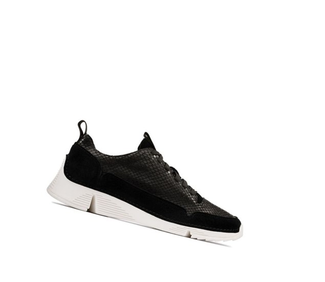 Clarks Tri Spark Leder Lässige Turnschuhe Damen Schwarz Schlangenoptik | JNMB38176
