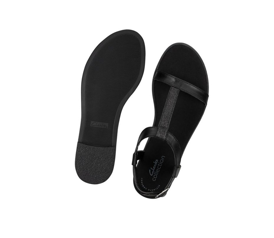 Clarks Bay Rosa T-bar Textil Flache Sandalen Damen Schwarz | CDSP96852