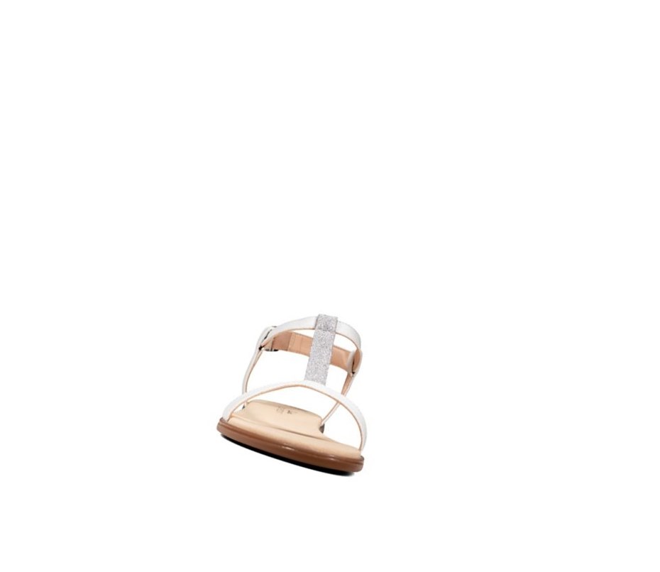Clarks Bay Rosa T-bar Textil Flache Sandalen Damen Weiß | RXDL95271