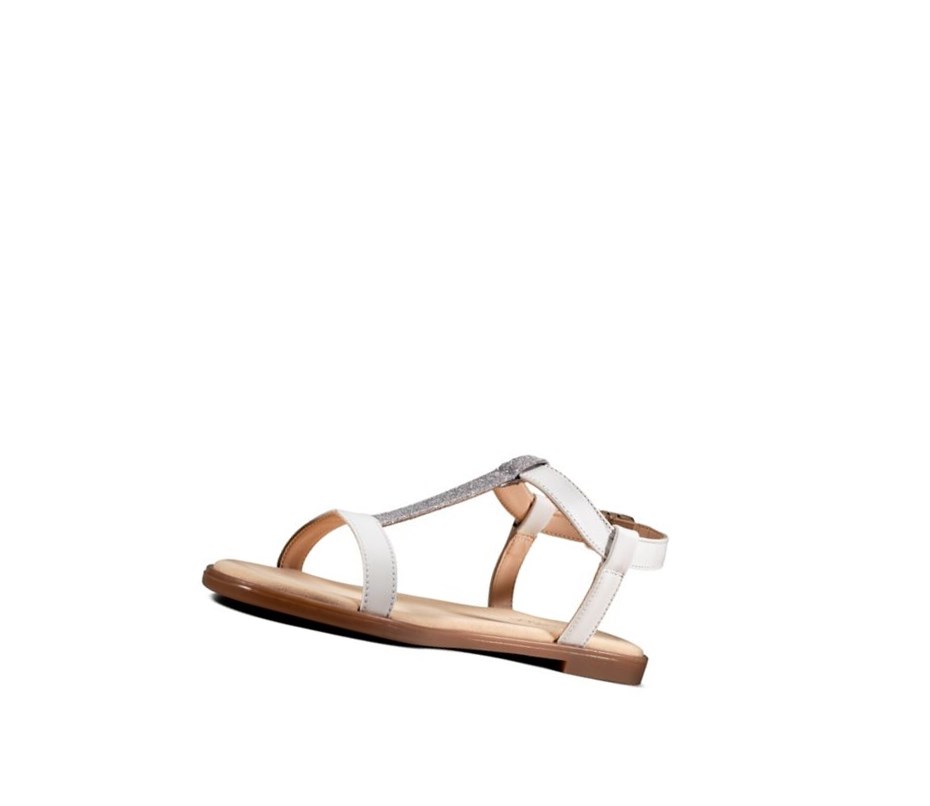 Clarks Bay Rosa T-bar Textil Flache Sandalen Damen Weiß | RXDL95271