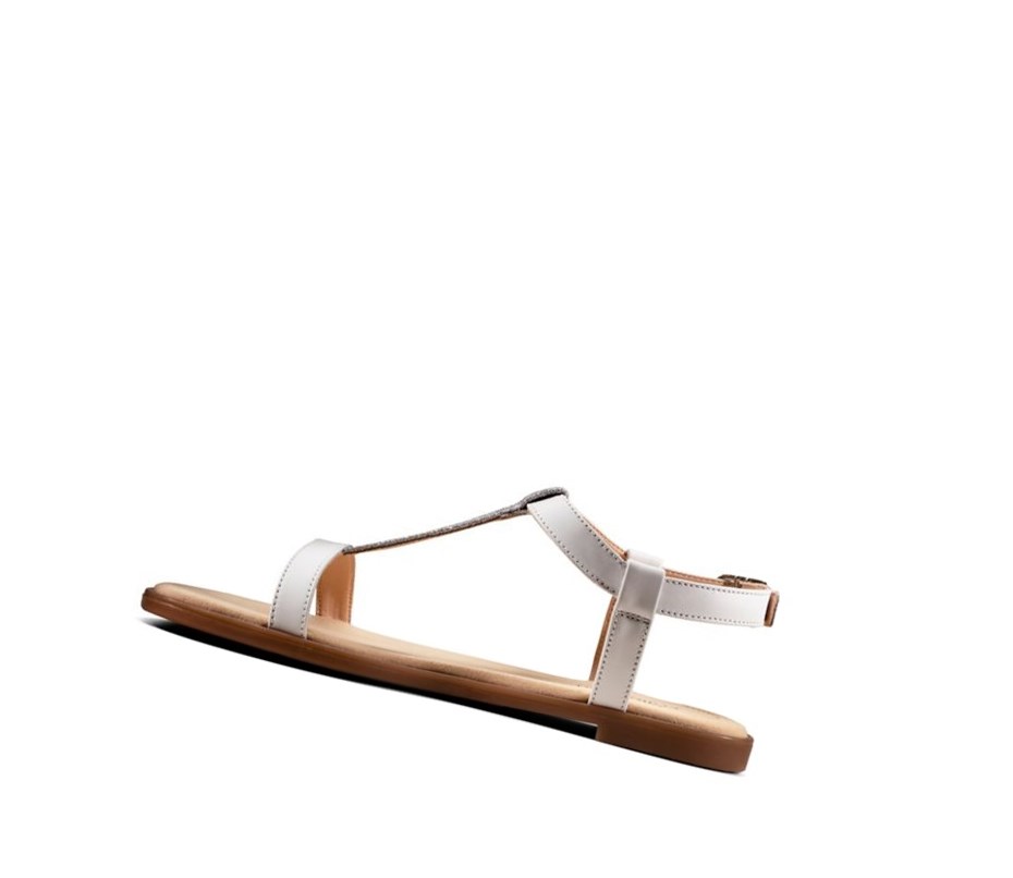 Clarks Bay Rosa T-bar Textil Flache Sandalen Damen Weiß | RXDL95271