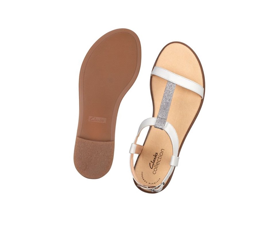 Clarks Bay Rosa T-bar Textil Flache Sandalen Damen Weiß | RXDL95271