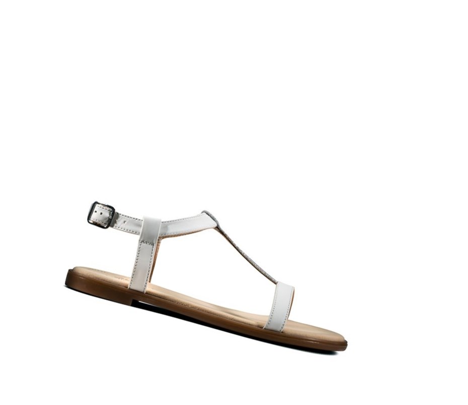 Clarks Bay Rosa T-bar Textil Flache Sandalen Damen Weiß | RXDL95271