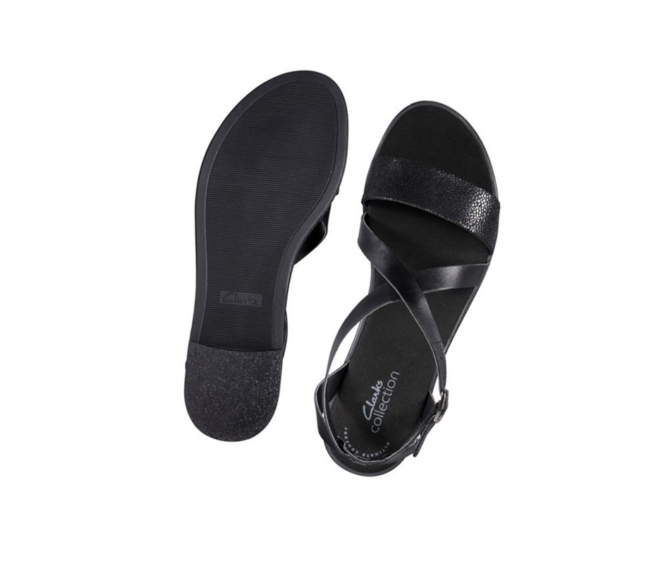 Clarks Bay Rosie Leder Flache Sandalen Damen Schwarz | BYRO38510