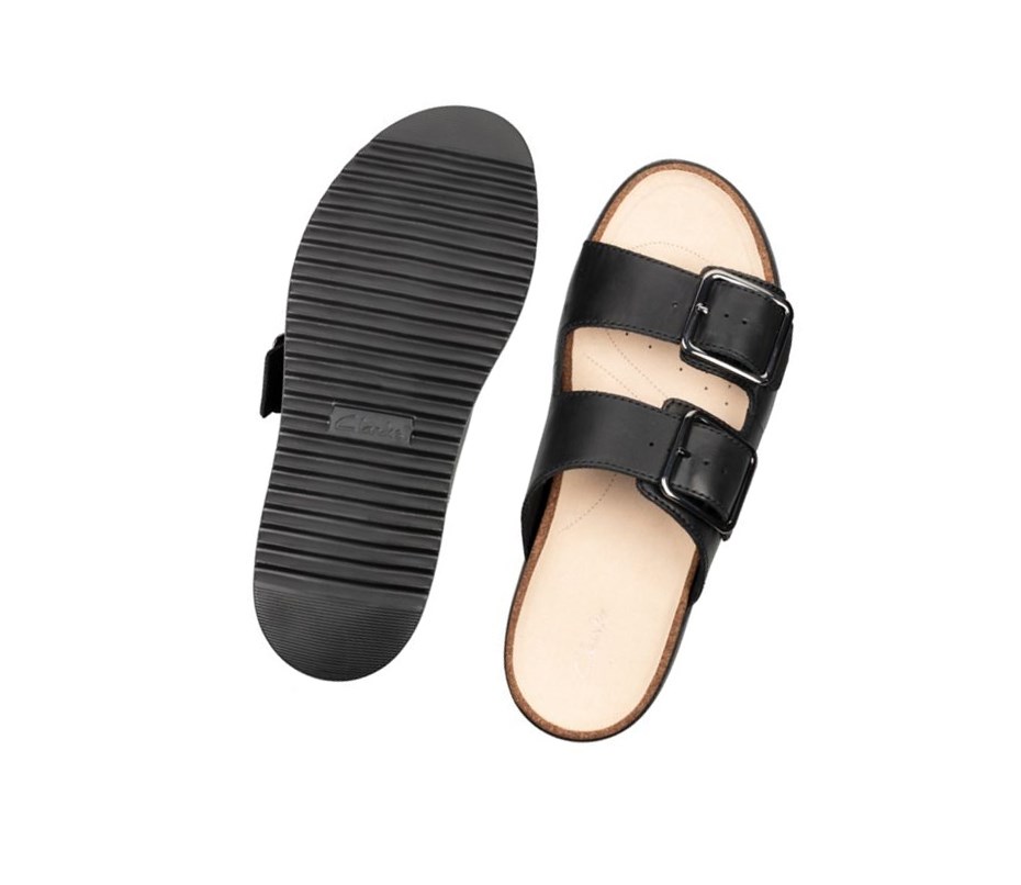 Clarks Botanic Badelatschen Leder Badelatschen Damen Schwarz | ROCE20648