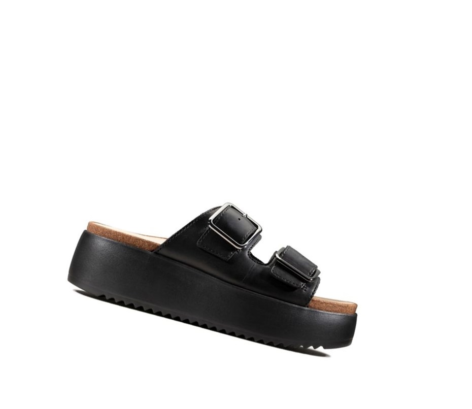 Clarks Botanic Badelatschen Leder Badelatschen Damen Schwarz | ROCE20648