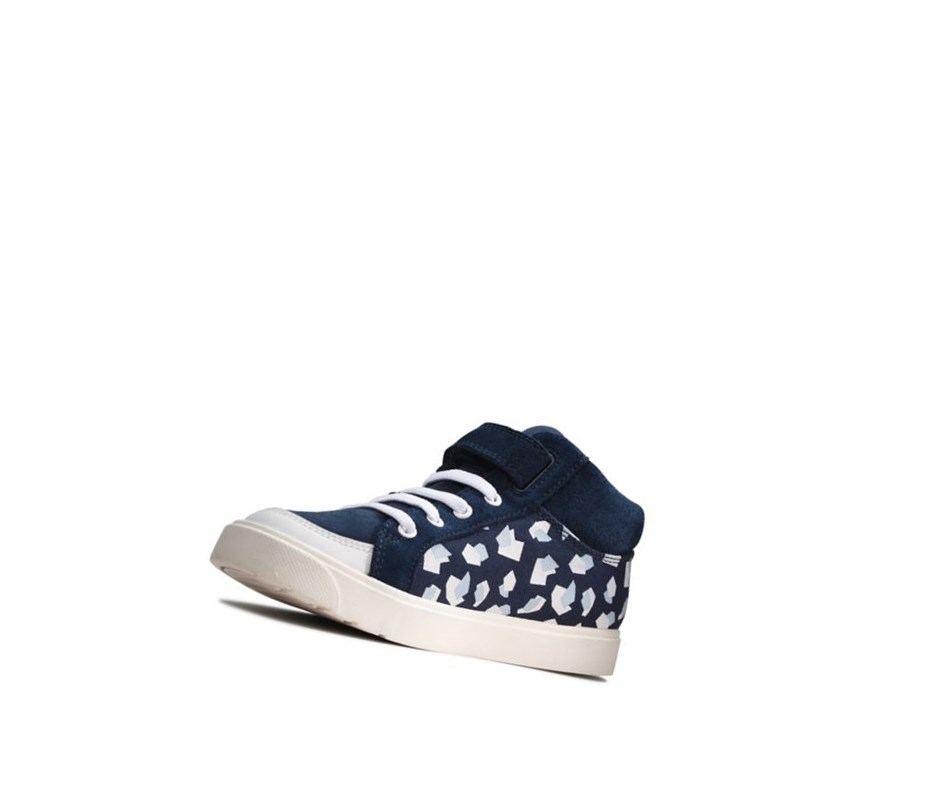 Clarks City Hop Print Leder Lederstiefel Mädchen Navy | ZIYC72813