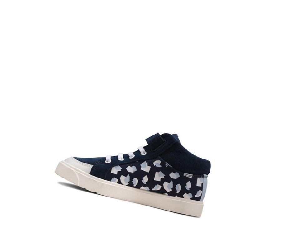 Clarks City Hop Print Leder Lederstiefel Mädchen Navy | ZIYC72813