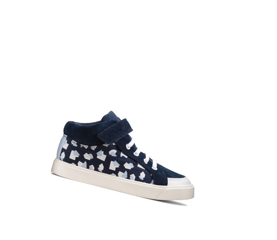 Clarks City Hop Print Leder Lederstiefel Mädchen Navy | ZIYC72813