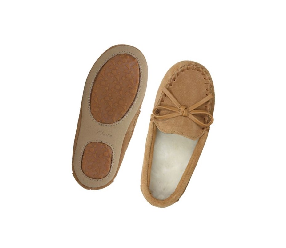 Clarks Crackling Flo Wildleder Hausschuhe Mädchen Braun | QOMX18426