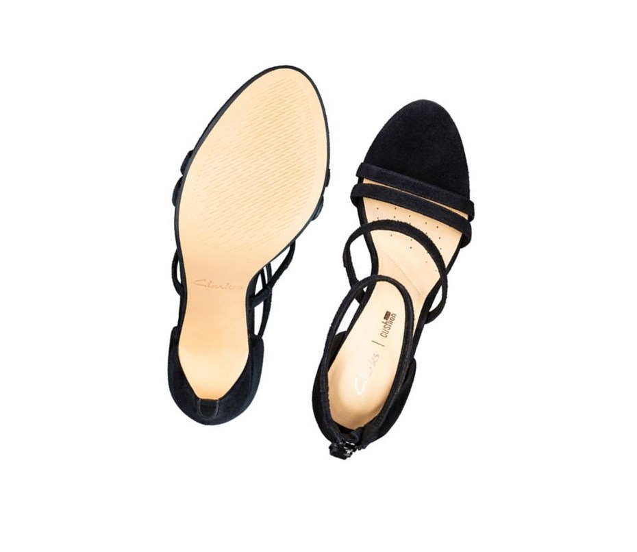 Clarks Curtain Riemen Wildleder Sandalen Absatz Damen Schwarz | OLZU13590