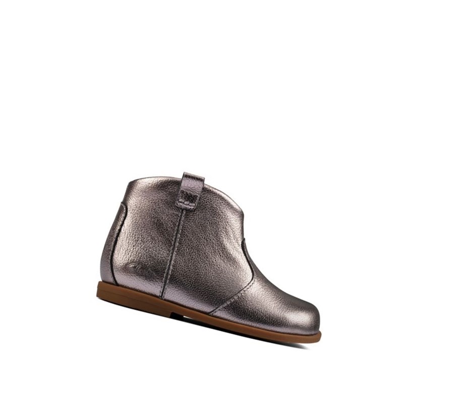 Clarks Drew Dawn Leder Lederstiefel Mädchen Silber Metal | NELY56782