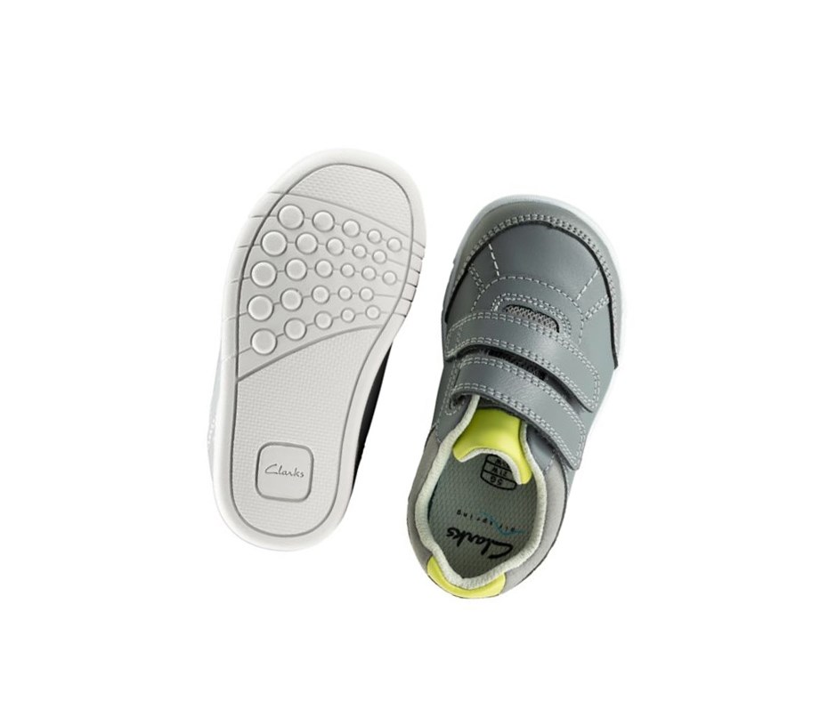 Clarks Emery Sky Leder Lässige Turnschuhe Jungen Grau | SOED23895