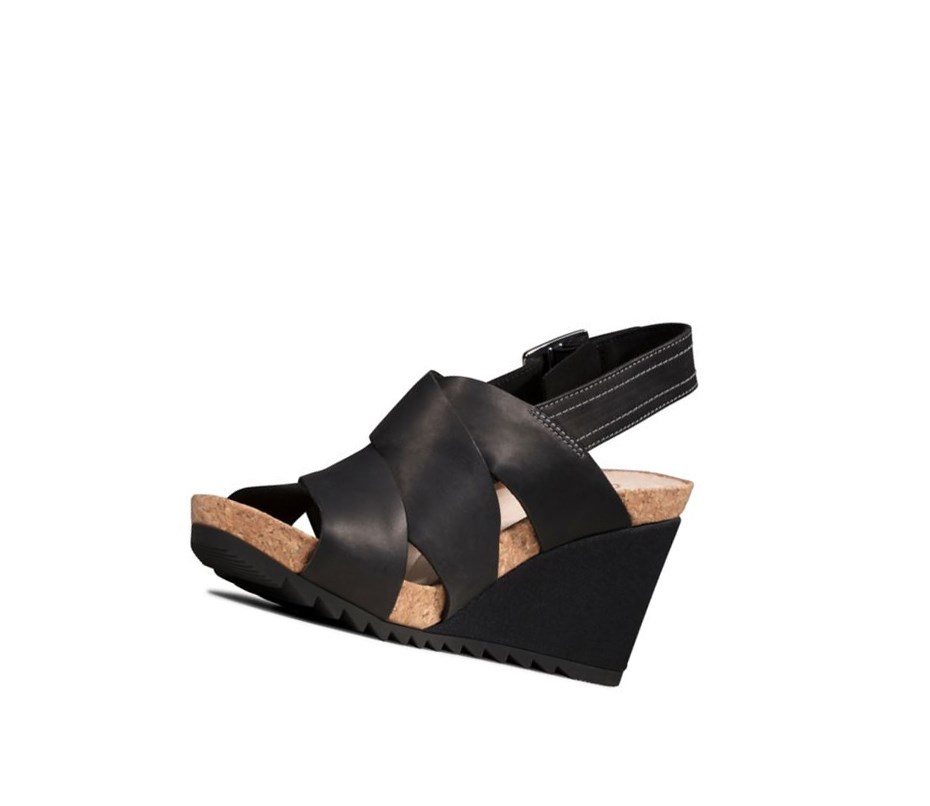 Clarks Flex Sand Leder Keilabsatz Sandalen Damen Schwarz | MCTP87549