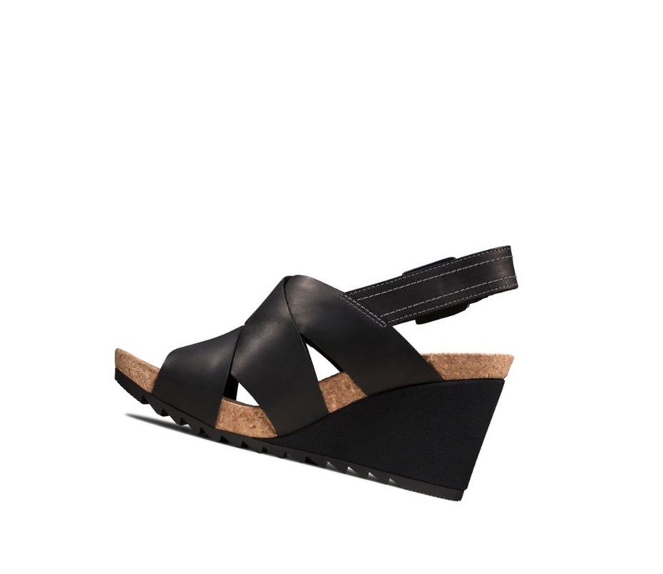 Clarks Flex Sand Leder Keilabsatz Sandalen Damen Schwarz | MCTP87549