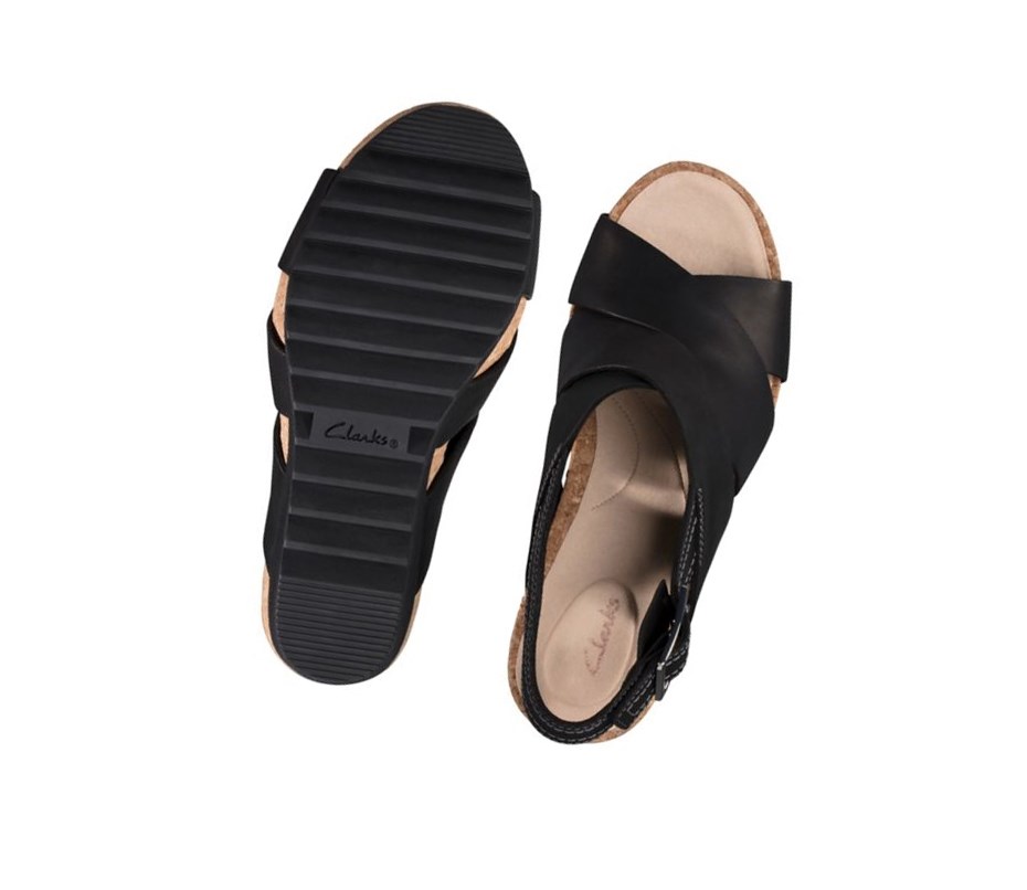 Clarks Flex Sand Leder Keilabsatz Sandalen Damen Schwarz | MCTP87549