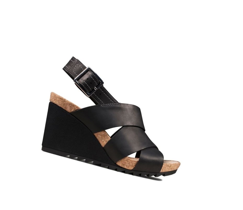 Clarks Flex Sand Leder Keilabsatz Sandalen Damen Schwarz | MCTP87549
