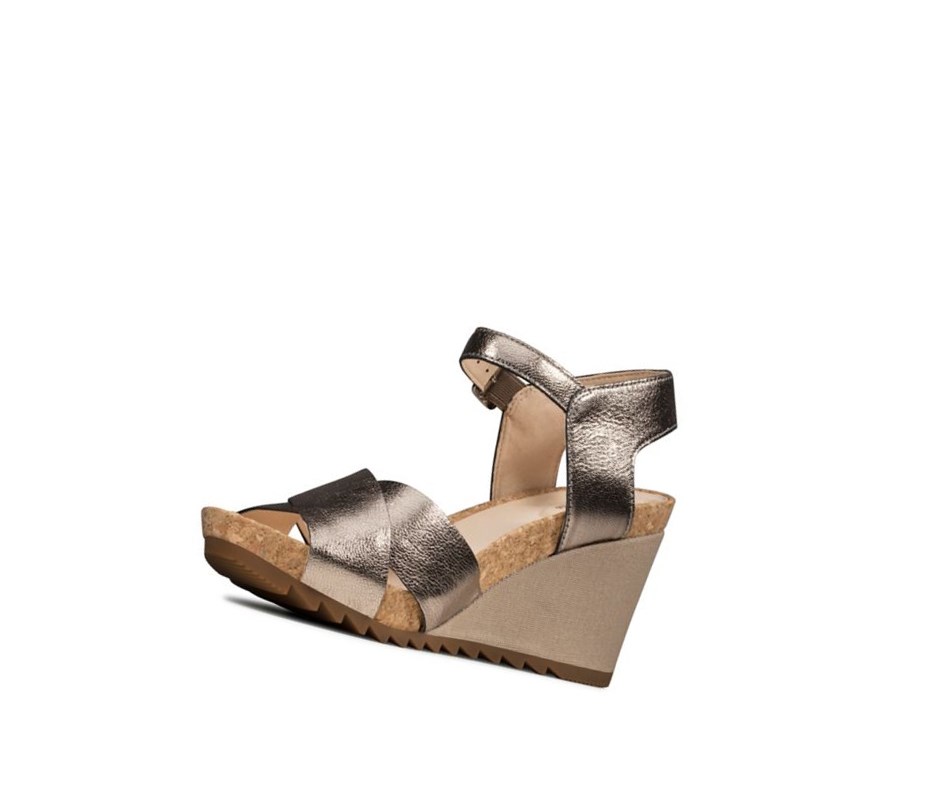 Clarks Flex Sun Leder Keilabsatz Sandalen Damen Gold | GKQA01529