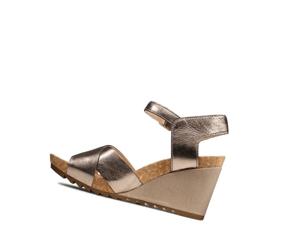 Clarks Flex Sun Leder Keilabsatz Sandalen Damen Gold | GKQA01529