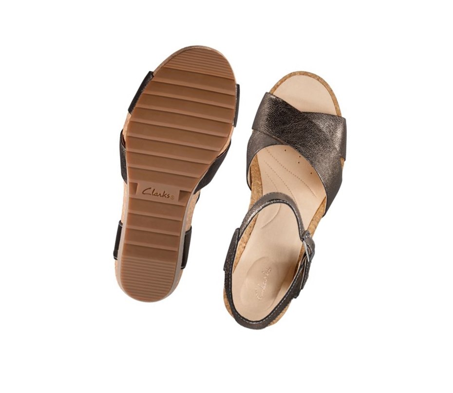 Clarks Flex Sun Leder Keilabsatz Sandalen Damen Gold | GKQA01529