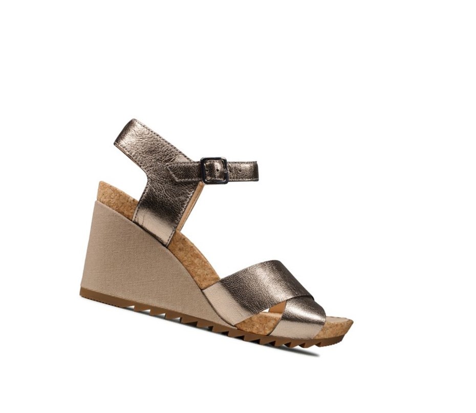Clarks Flex Sun Leder Keilabsatz Sandalen Damen Gold | GKQA01529