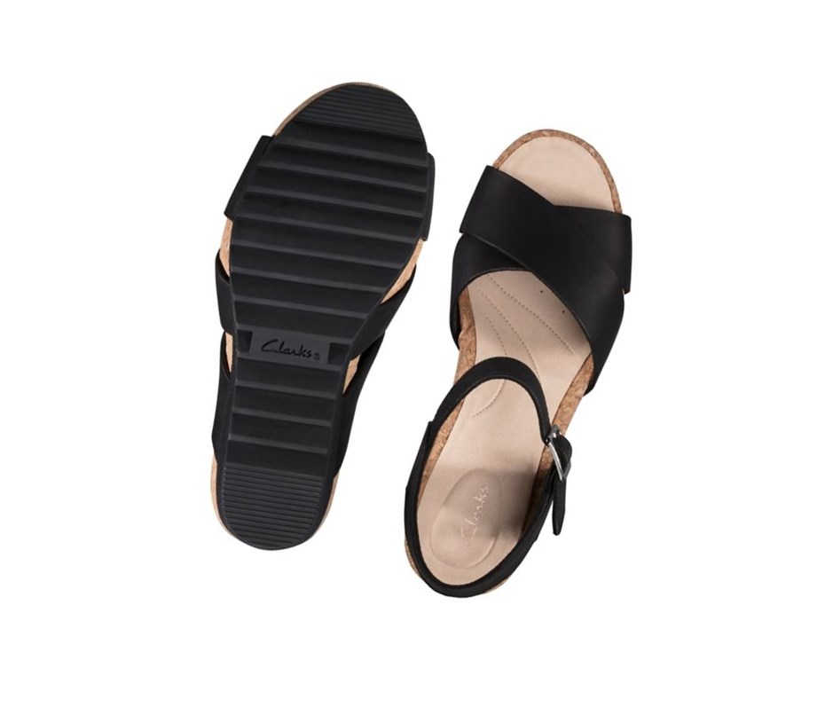 Clarks Flex Sun Leder Keilabsatz Sandalen Damen Schwarz | VJBM95180