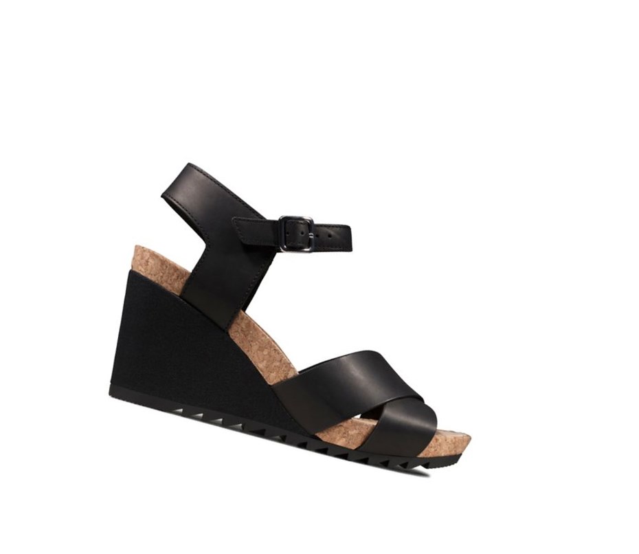 Clarks Flex Sun Leder Keilabsatz Sandalen Damen Schwarz | VJBM95180