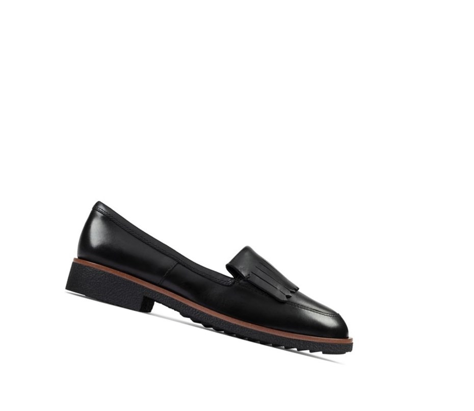 Clarks Griffin Kilt Leder Flache Schuhe Damen Schwarz | FJWT81734