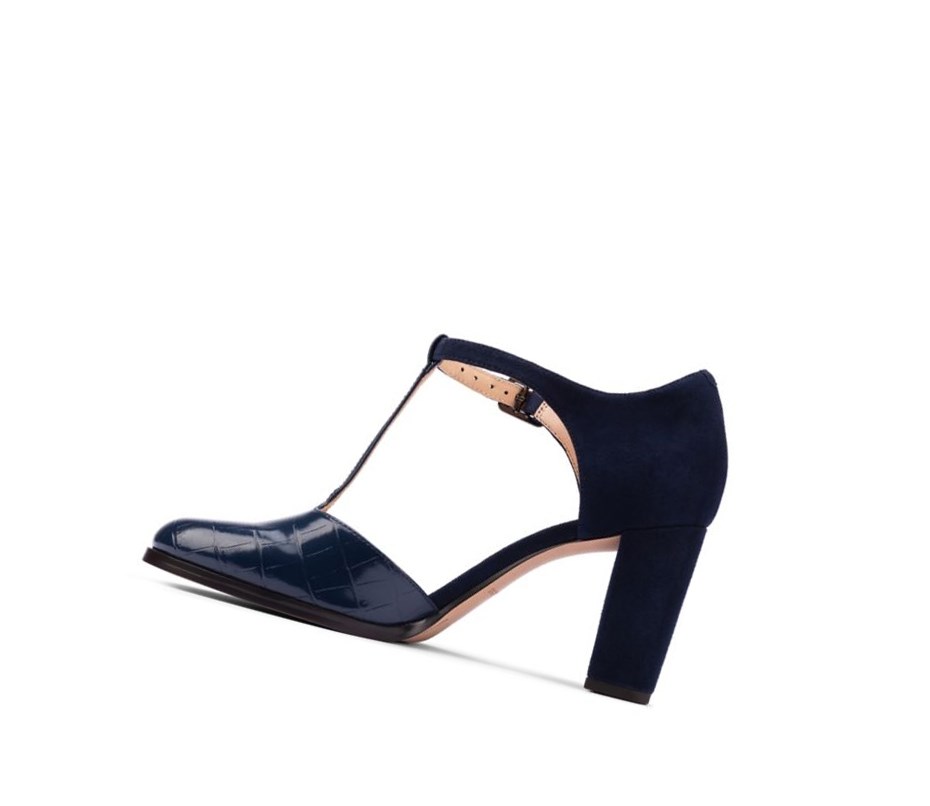 Clarks Kaylin 85 T Bar Croc Leder Hohe Schuhe Damen Navy | JUAR06975
