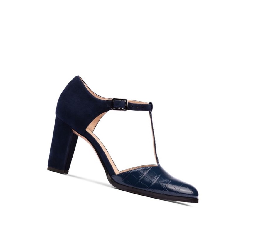 Clarks Kaylin 85 T Bar Croc Leder Hohe Schuhe Damen Navy | JUAR06975