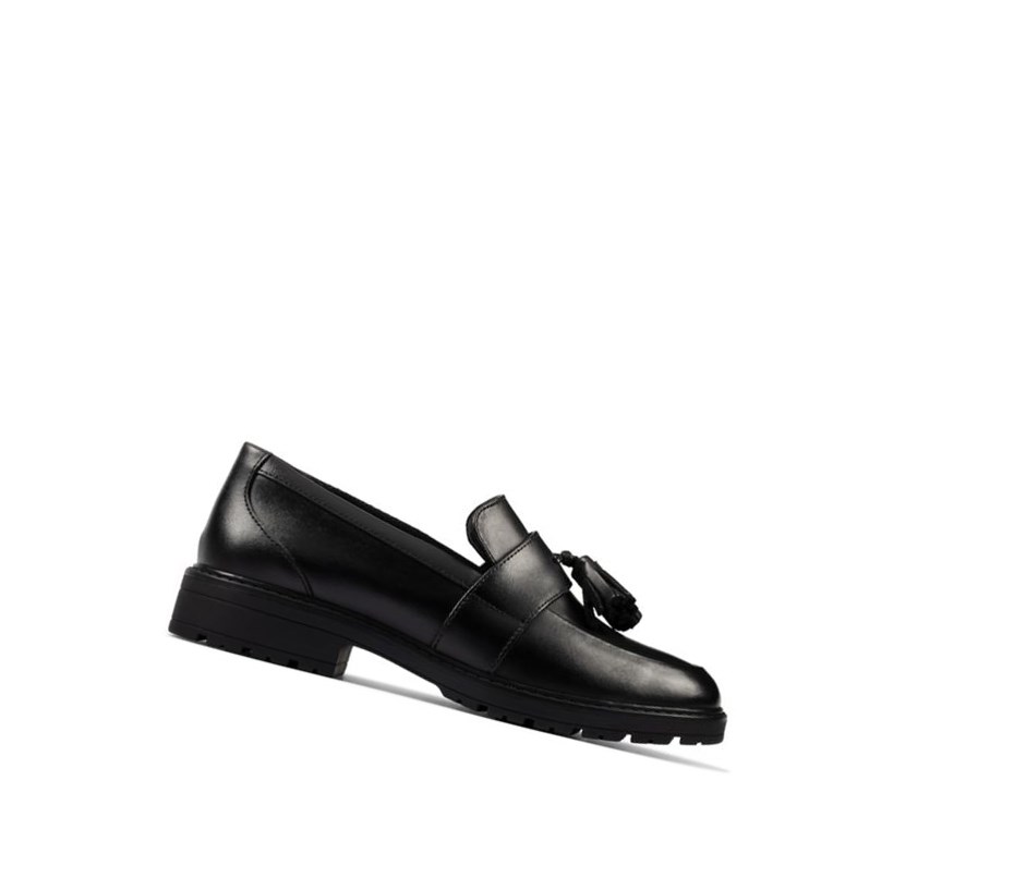 Clarks Loxham Leder Slip On Schuhe Mädchen Schwarz | TBOG57903