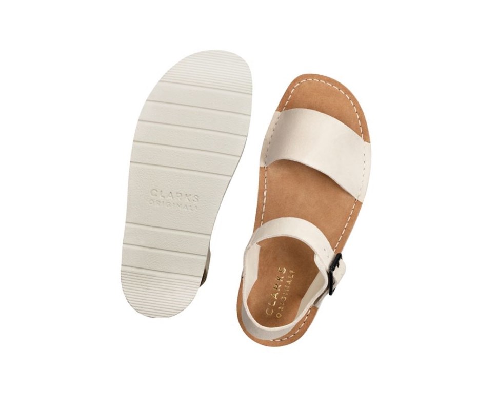 Clarks Lunan Riemen. Wildleder Flache Sandalen Damen Weiß | FERM47160