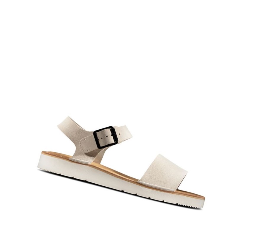Clarks Lunan Riemen. Wildleder Flache Sandalen Damen Weiß | FERM47160