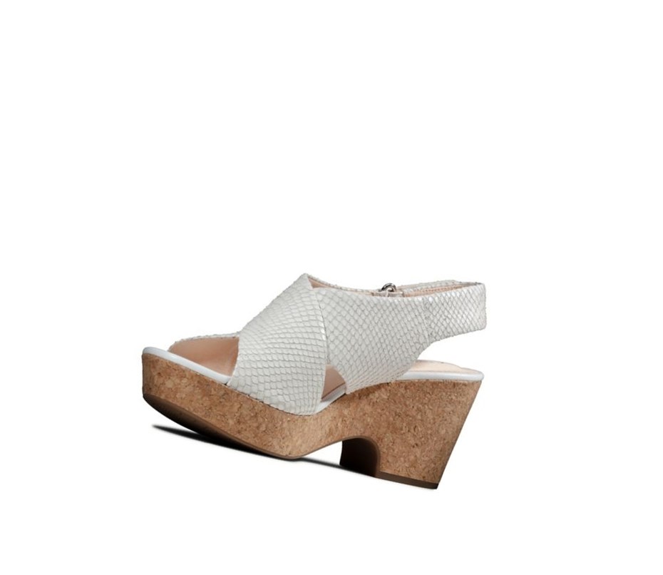 Clarks Maritsa Lara Leder Keilabsatz Sandalen Damen Weiß Schlangenoptik | IRQS42937