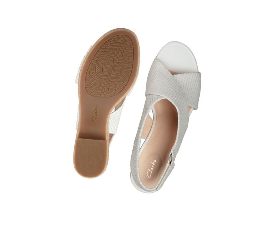 Clarks Maritsa Lara Leder Keilabsatz Sandalen Damen Weiß Schlangenoptik | IRQS42937