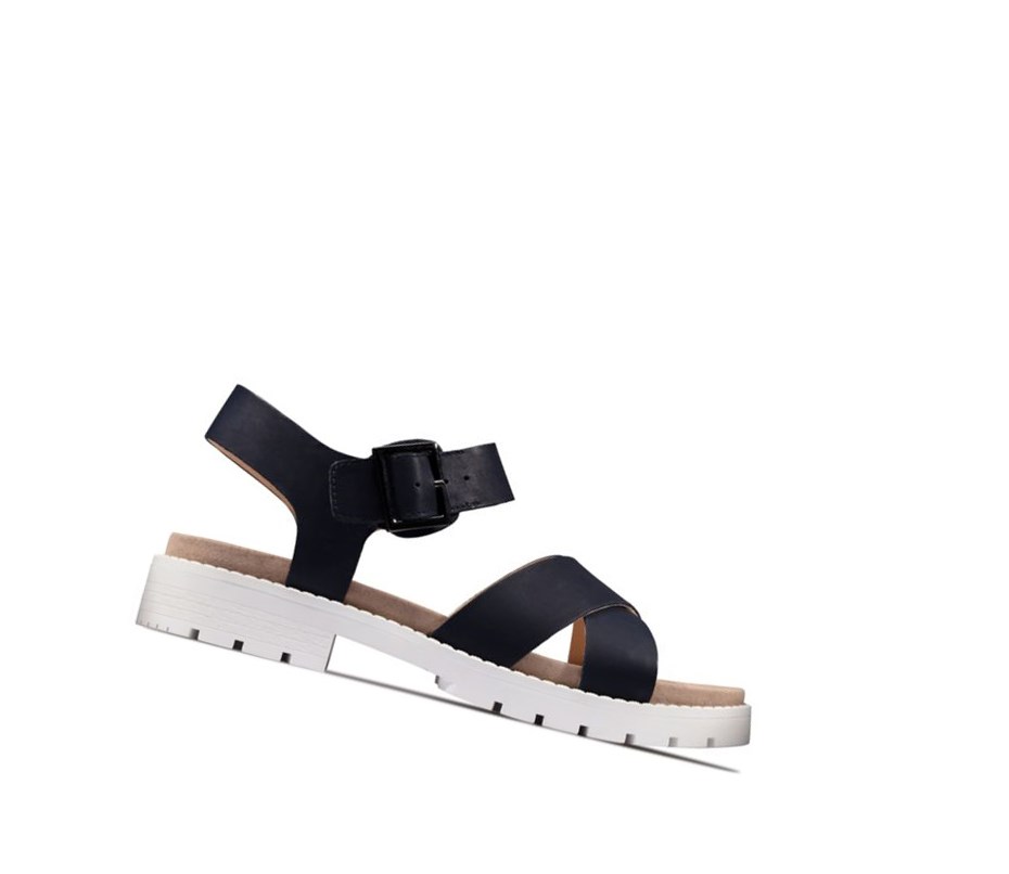 Clarks Orinoco Riemen Leder Flache Sandalen Damen Navy | TSQF47396