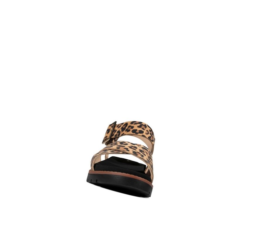 Clarks Orinoco Riemen Print Leder Flache Sandalen Damen Leopard | IWEL05149