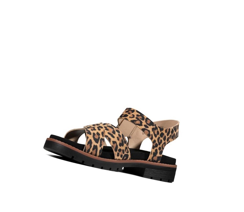 Clarks Orinoco Riemen Print Leder Flache Sandalen Damen Leopard | IWEL05149