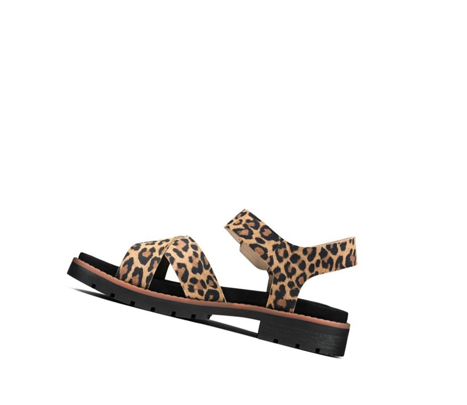 Clarks Orinoco Riemen Print Leder Flache Sandalen Damen Leopard | IWEL05149