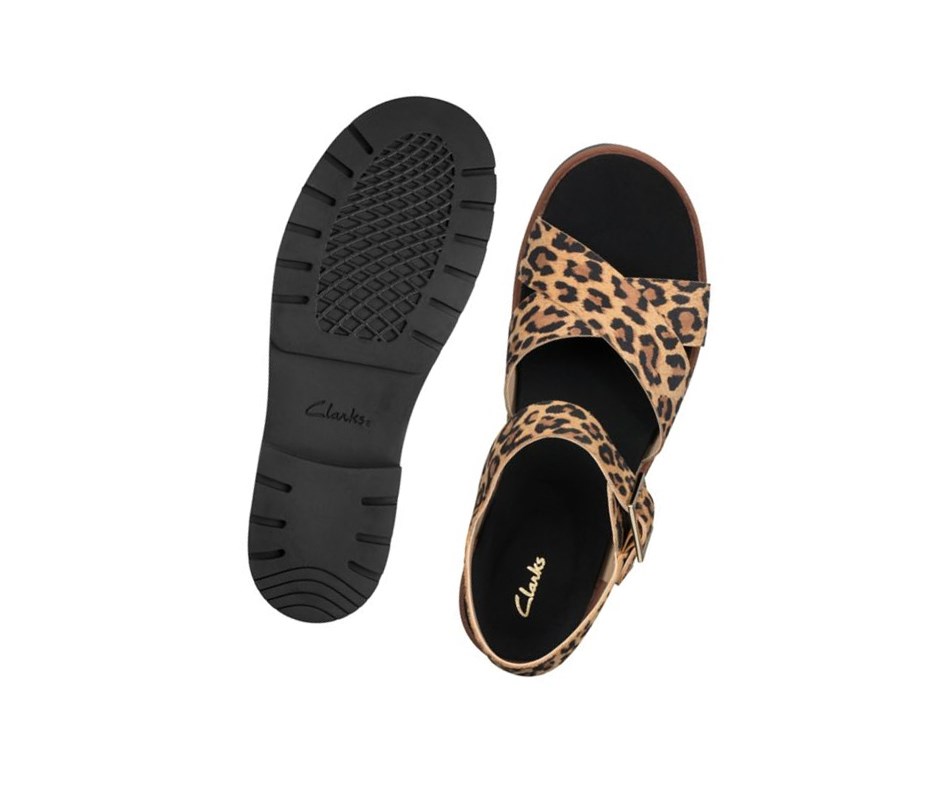 Clarks Orinoco Riemen Print Leder Flache Sandalen Damen Leopard | IWEL05149
