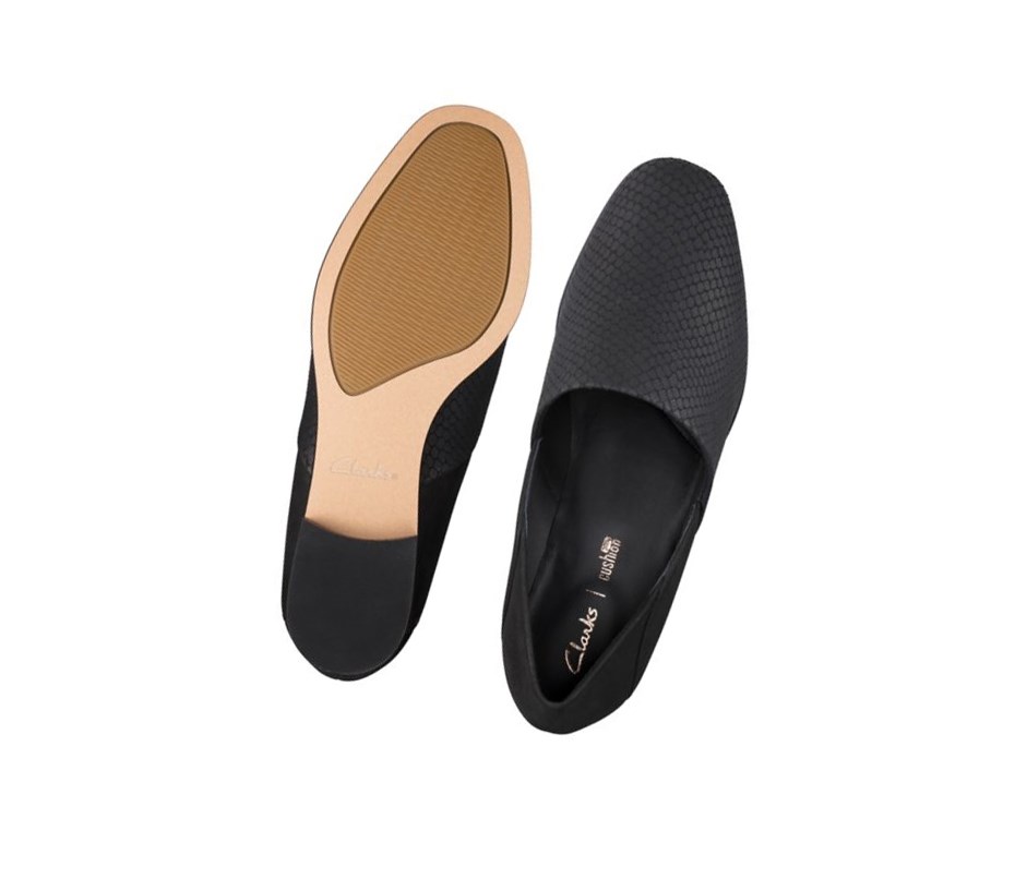 Clarks Pure Tone Leder Weite Fit Slip On Schuhe Damen Schwarz Schlangenoptik | WKSR50918