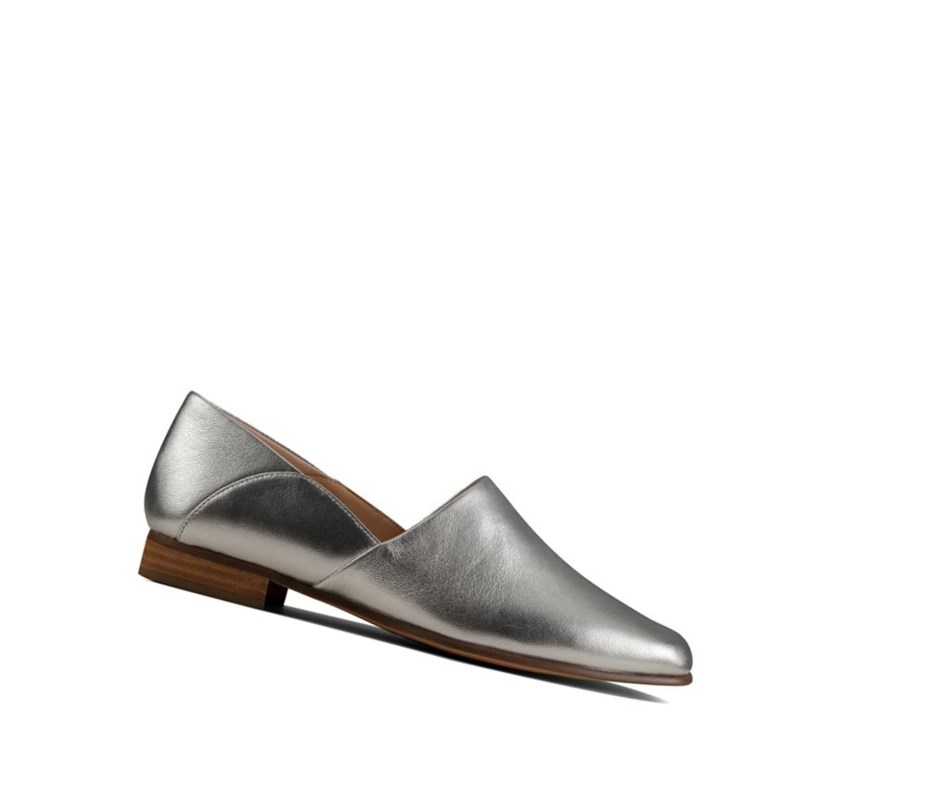 Clarks Pure Tone Leder Weite Fit Slip On Schuhe Damen Silber Metal | YFHC12478