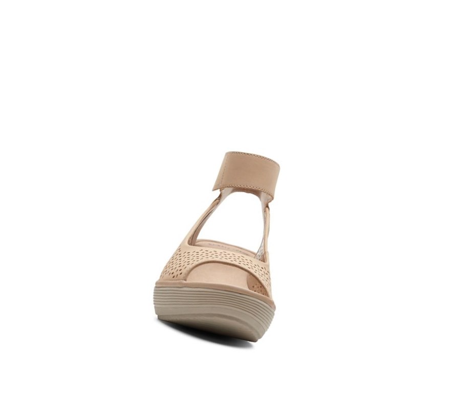 Clarks Reedly Jump Textil Keilabsatz Sandalen Damen Beige | VGTS95018