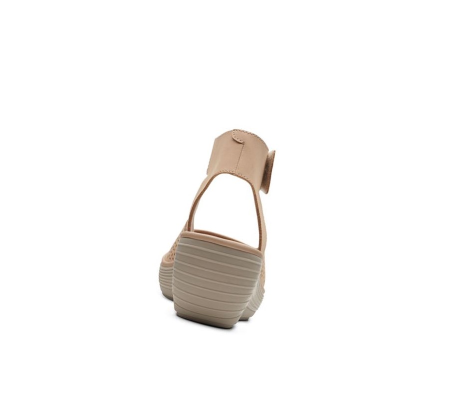 Clarks Reedly Jump Textil Keilabsatz Sandalen Damen Beige | VGTS95018