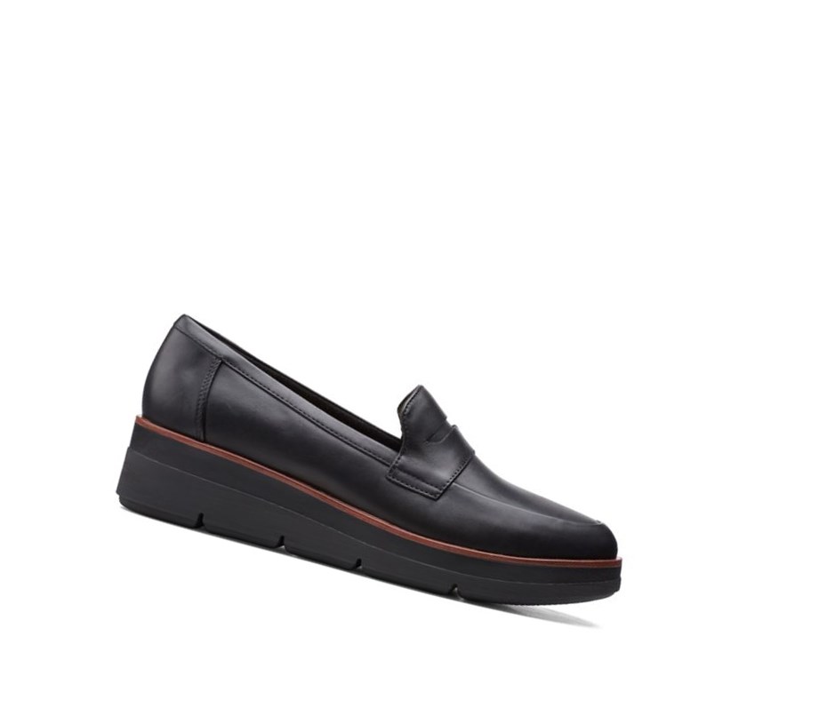 Clarks Shaylin Step Leder Slip On Schuhe Damen Schwarz | QRPB49026