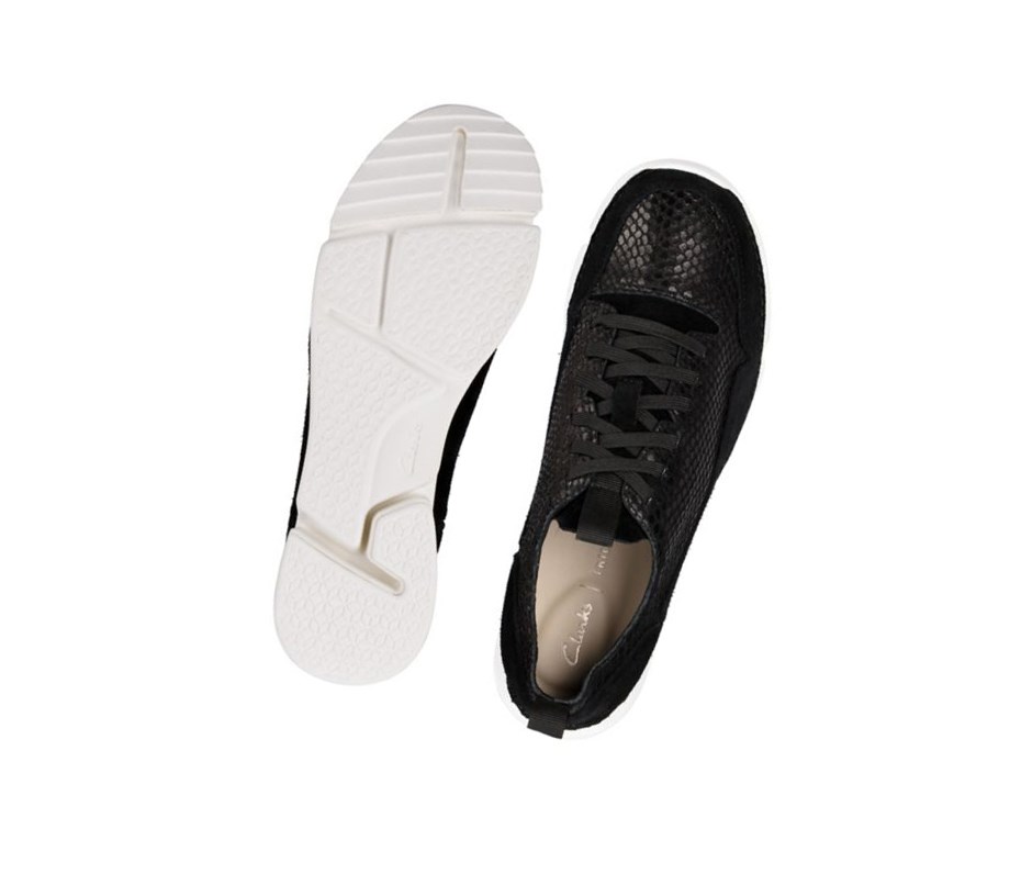 Clarks Tri Spark Leder Lässige Turnschuhe Damen Schwarz Schlangenoptik | JNMB38176